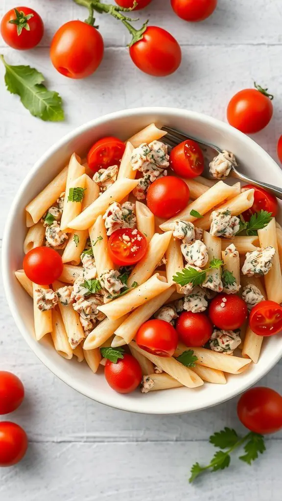 A bowl of tuna pasta salad with cherry tomatoes and parsley on a wooden table.