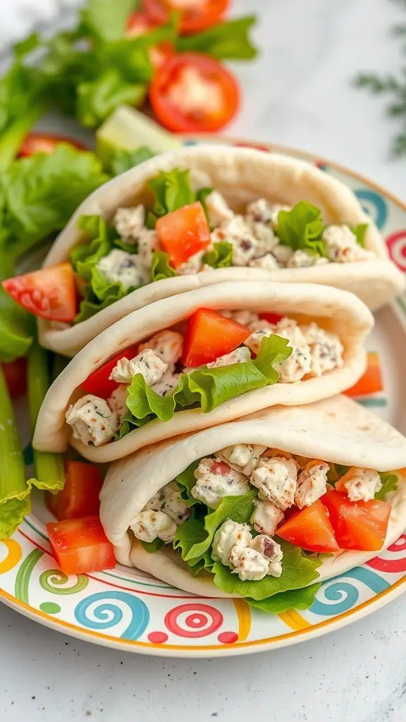 A colorful plate of tuna pita pockets filled with lettuce and tomato, showcasing fresh ingredients.