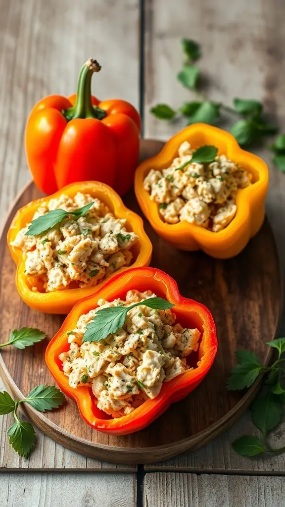 Colorful bell peppers stuffed with a creamy tuna mixture, garnished with herbs.