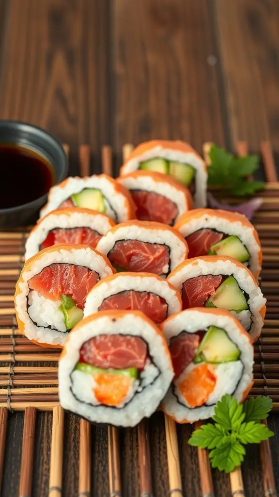 A close-up of tuna sushi rolls on a bamboo mat, featuring colorful ingredients like cucumber and avocado.