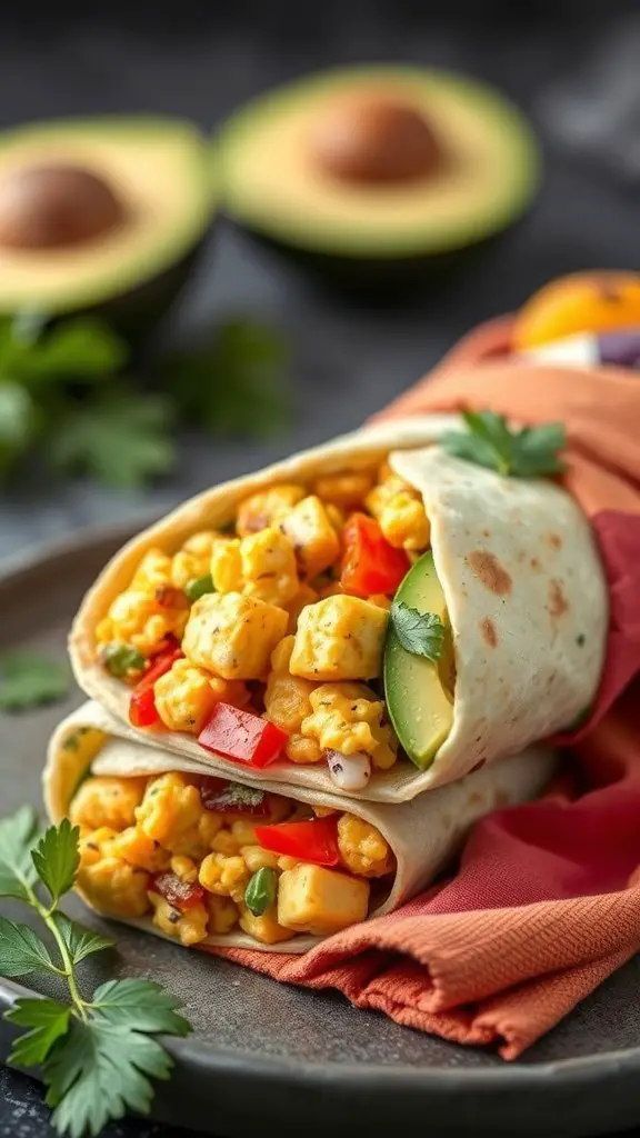 A flavorful vegan breakfast burrito filled with tofu scramble, veggies, and avocado slices.