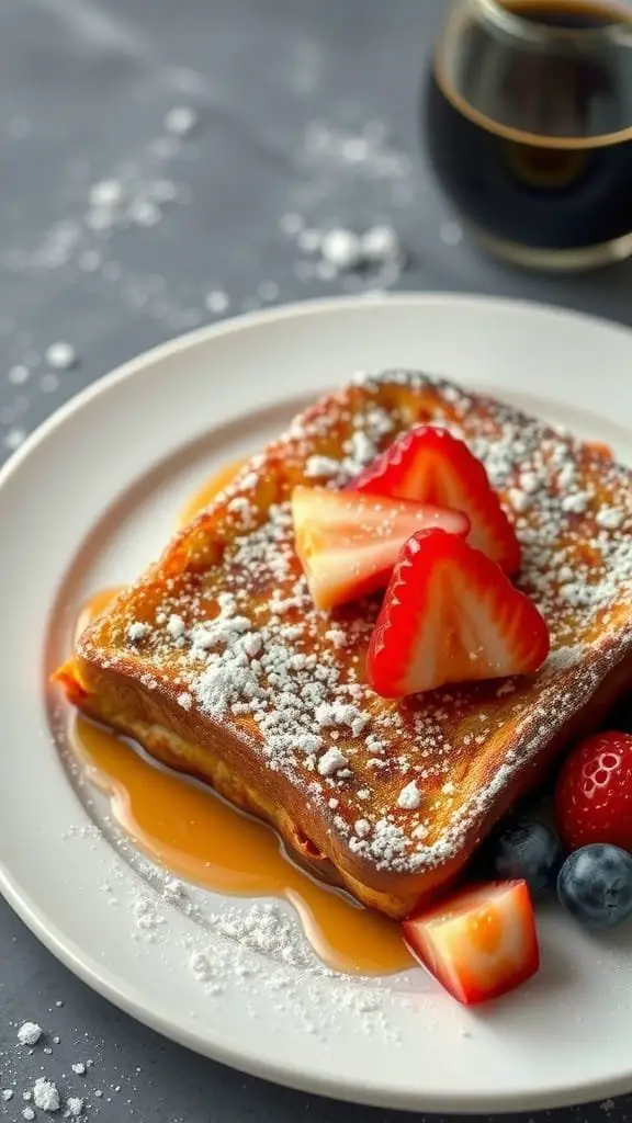 Delicious vegan French toast topped with strawberries, blueberries, and powdered sugar on a plate.