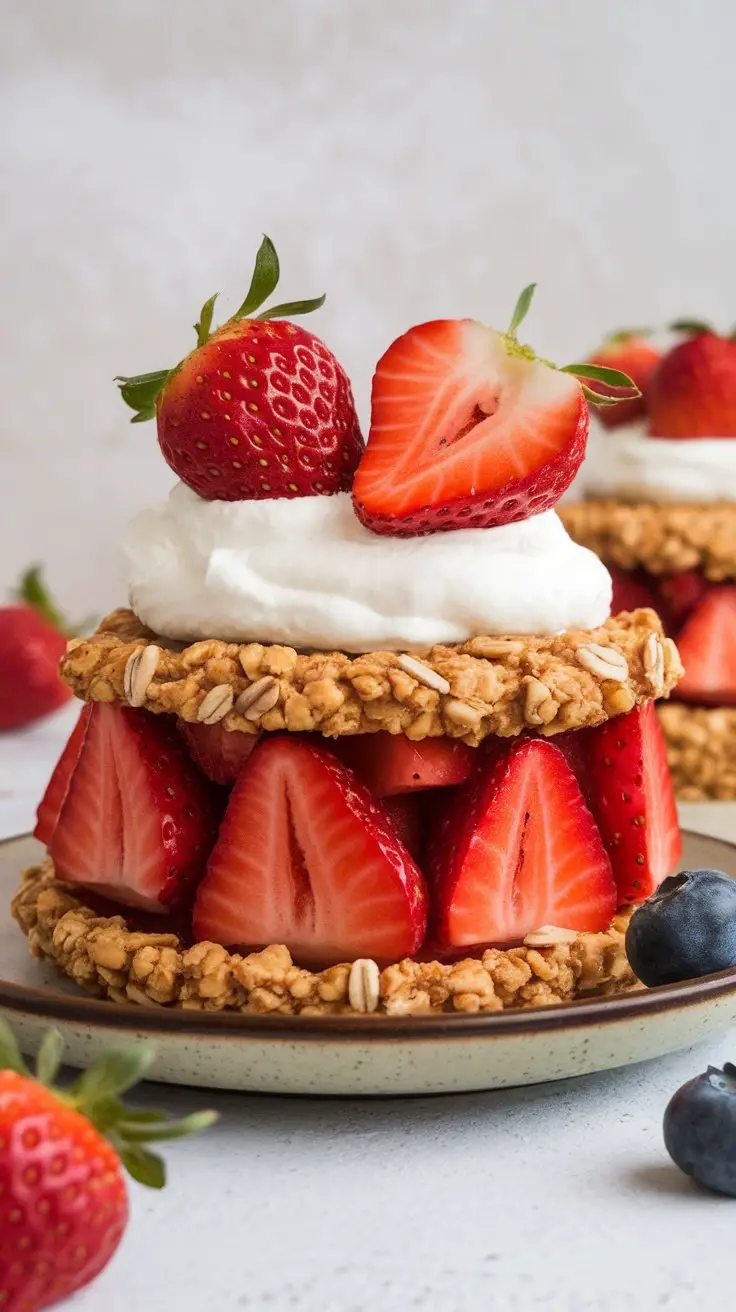 A beautiful vegan strawberry shortcake topped with fresh strawberries and whipped cream.