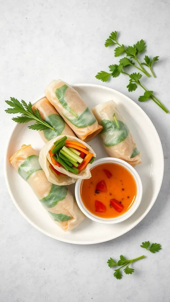 Plate of vegetable spring rolls with a dipping sauce