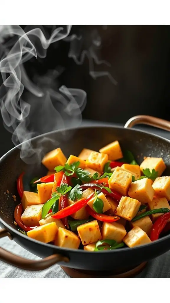 A wok with colorful vegetables and tofu stir-frying, with steam rising.