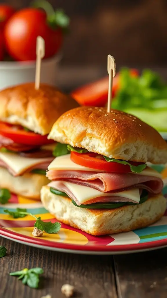 Vegetarian ham and cheese sliders with tomatoes and greens, served on a colorful plate.
