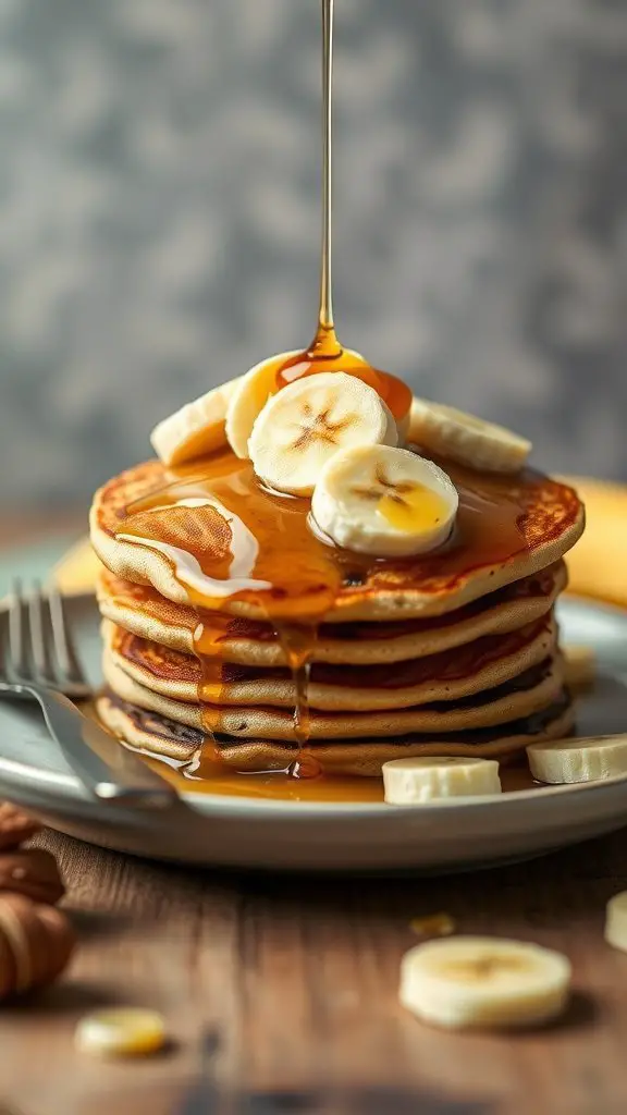 Stack of whole wheat banana pancakes topped with banana slices and syrup