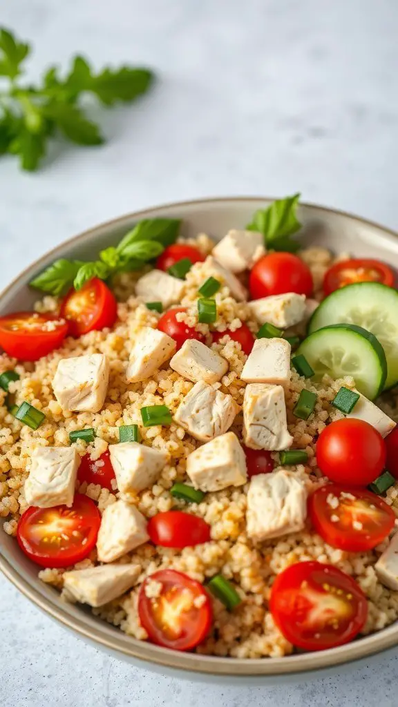 A colorful bowl of chicken quinoa salad with cherry tomatoes, cucumbers, and fresh herbs.