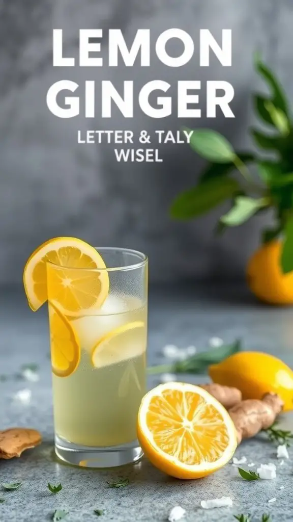 A refreshing glass of Lemon Ginger Elixir with lemon slices and ginger root beside it.