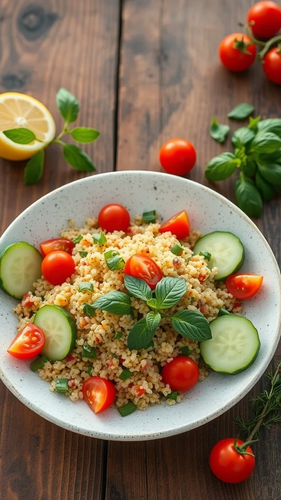 A bowl of quinoa salad with cherry tomatoes, cucumber, and fresh herbs, garnished with mint leaves, set on a wooden table.