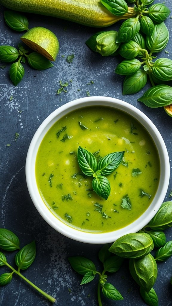 A bowl of vibrant green zucchini and basil soup surrounded by fresh basil leaves and a zucchini.