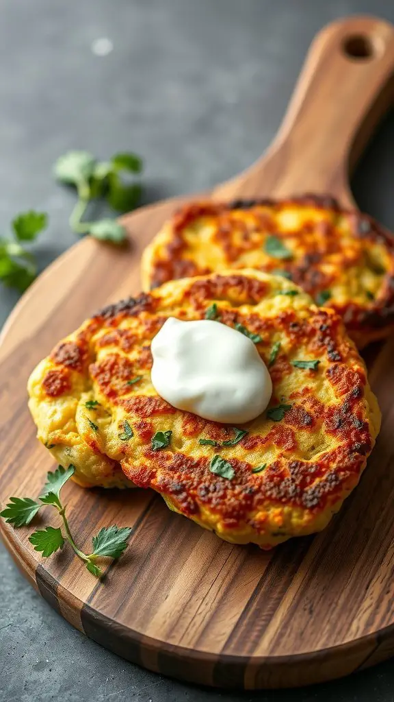 Golden zucchini fritters on a wooden platter with sour cream and cilantro.