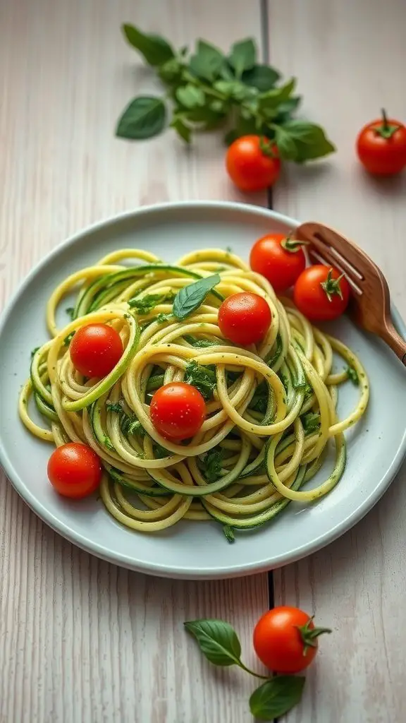 A plate of zucchini noodles topped with pesto and cherry tomatoes, garnished with fresh basil.