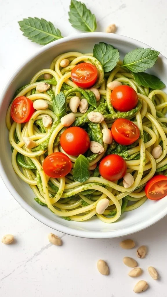 Bowl of zucchini noodles with pesto, cherry tomatoes, and peanuts.