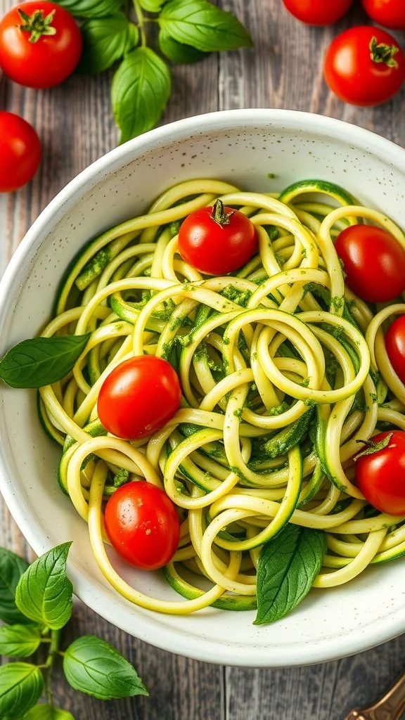 Bowl of zucchini noodles with pesto sauce, topped with cherry tomatoes and fresh basil