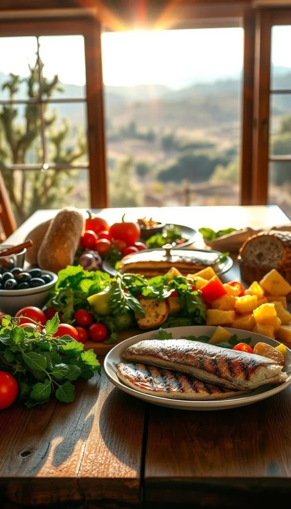 A beautifully arranged Mediterranean Diet meal plan, displayed on a rustic wooden table. In the foreground, a colorful assortment of fresh vegetables, including tomatoes, bell peppers, and leafy greens, alongside whole grain bread and a bowl of olives. In the middle ground, a plate featuring a grilled fish fillet, accompanied by roasted potatoes and a vibrant salad. In the background, a sun-drenched window overlooking a serene Mediterranean landscape, filled with olive trees and distant rolling hills. The scene is bathed in warm, natural lighting, creating a welcoming and appetizing atmosphere. A beautifully arranged Mediterranean Diet meal plan, displayed on a rustic wooden table. In the foreground, a colorful assortment of fresh vegetables, including tomatoes, bell peppers, and leafy greens, alongside whole grain bread and a bowl of olives. In the middle ground, a plate featuring a grilled fish fillet, accompanied by roasted potatoes and a vibrant salad. In the background, a sun-drenched window overlooking a serene Mediterranean landscape, filled with olive trees and distant rolling hills. The scene is bathed in warm, natural lighting, creating a welcoming and appetizing atmosphere.