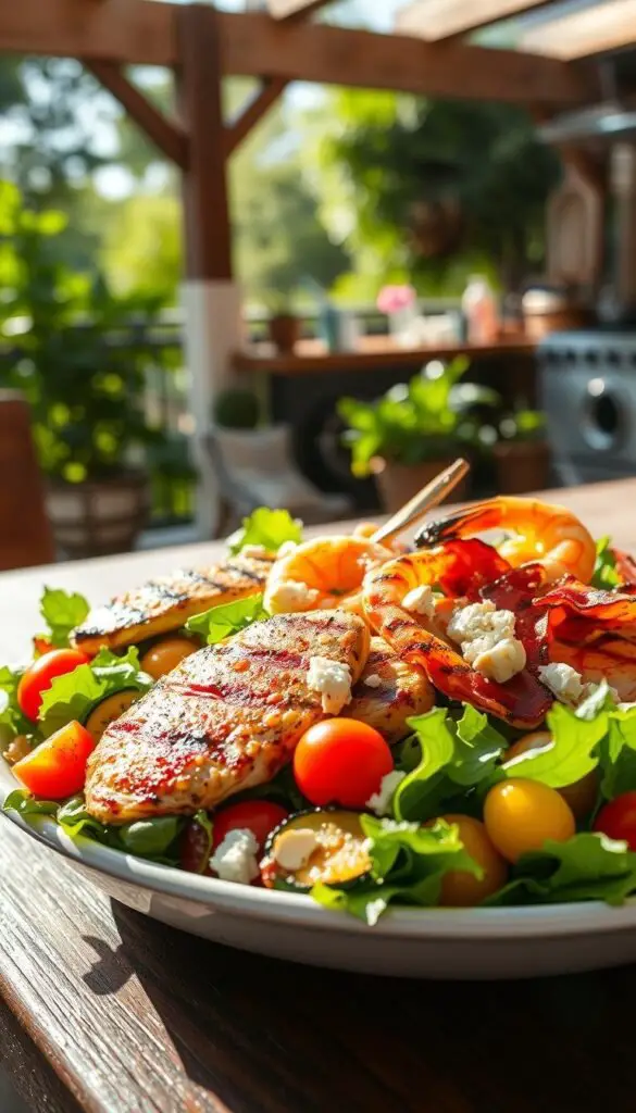 A beautifully lit summer scene, showcasing a vibrant grilled salad with an array of fresh, colorful ingredients. In the foreground, seared chicken breasts, juicy shrimp, and crisp bacon strips sizzle atop a bed of mixed greens, cherry tomatoes, grilled zucchini, and roasted bell peppers. The salad is dressed in a tangy citrus vinaigrette, with a sprinkle of feta cheese and toasted almonds for added texture. In the background, a sunlit patio or outdoor kitchen setting, with lush greenery and a rustic wooden table, creates a warm, inviting atmosphere. The lighting is natural and soft, accentuating the vibrant colors and textures of the salad. The overall composition is balanced and visually appealing, capturing the essence of a flavorful, protein-rich summer salad. A beautifully lit summer scene, showcasing a vibrant grilled salad with an array of fresh, colorful ingredients. In the foreground, seared chicken breasts, juicy shrimp, and crisp bacon strips sizzle atop a bed of mixed greens, cherry tomatoes, grilled zucchini, and roasted bell peppers. The salad is dressed in a tangy citrus vinaigrette, with a sprinkle of feta cheese and toasted almonds for added texture. In the background, a sunlit patio or outdoor kitchen setting, with lush greenery and a rustic wooden table, creates a warm, inviting atmosphere. The lighting is natural and soft, accentuating the vibrant colors and textures of the salad. The overall composition is balanced and visually appealing, capturing the essence of a flavorful, protein-rich summer salad.