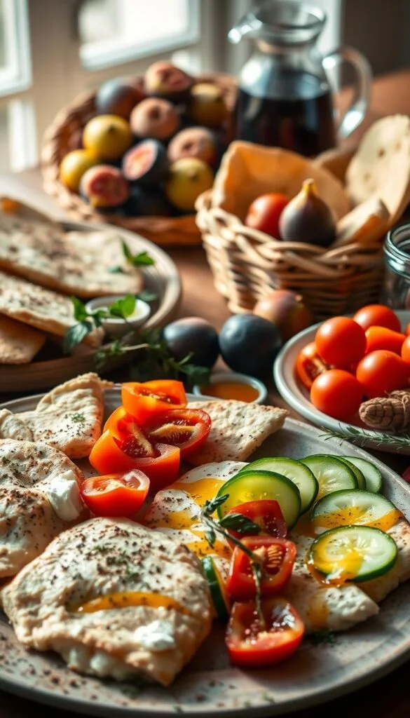 A bountiful Mediterranean breakfast spread, captured in a warm, natural light. In the foreground, a selection of flaky spanakopita, fresh feta, juicy tomatoes, and crisp cucumber slices. In the middle ground, a platter of fragrant pita bread, alongside a drizzling of golden honey and a sprinkle of aromatic oregano. The background features a rustic woven basket filled with ripe, colorful figs and a carafe of rich, robust coffee. The overall scene evokes a sense of simplicity, vibrant flavors, and the inviting ambiance of a Mediterranean morning. A bountiful Mediterranean breakfast spread, captured in a warm, natural light. In the foreground, a selection of flaky spanakopita, fresh feta, juicy tomatoes, and crisp cucumber slices. In the middle ground, a platter of fragrant pita bread, alongside a drizzling of golden honey and a sprinkle of aromatic oregano. The background features a rustic woven basket filled with ripe, colorful figs and a carafe of rich, robust coffee. The overall scene evokes a sense of simplicity, vibrant flavors, and the inviting ambiance of a Mediterranean morning.