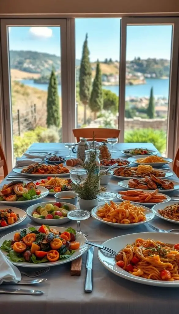 A bountiful Mediterranean dinner table, flooded with natural light from large windows overlooking the sea. In the foreground, a vibrant spread of dishes - fresh salad, grilled seafood, roasted vegetables, and hearty pasta. Textured place settings, rustic wooden accents, and a simple yet elegant centerpiece of herbs and olive branches set the mood. The middle ground features a few simple cooking tools and ingredients, hinting at the ease of preparation. In the background, a serene coastal scene with rolling hills, cypress trees, and a glimpse of a quaint seaside village. The overall atmosphere is one of simple, healthy, and delicious Mediterranean living. A bountiful Mediterranean dinner table, flooded with natural light from large windows overlooking the sea. In the foreground, a vibrant spread of dishes - fresh salad, grilled seafood, roasted vegetables, and hearty pasta. Textured place settings, rustic wooden accents, and a simple yet elegant centerpiece of herbs and olive branches set the mood. The middle ground features a few simple cooking tools and ingredients, hinting at the ease of preparation. In the background, a serene coastal scene with rolling hills, cypress trees, and a glimpse of a quaint seaside village. The overall atmosphere is one of simple, healthy, and delicious Mediterranean living.