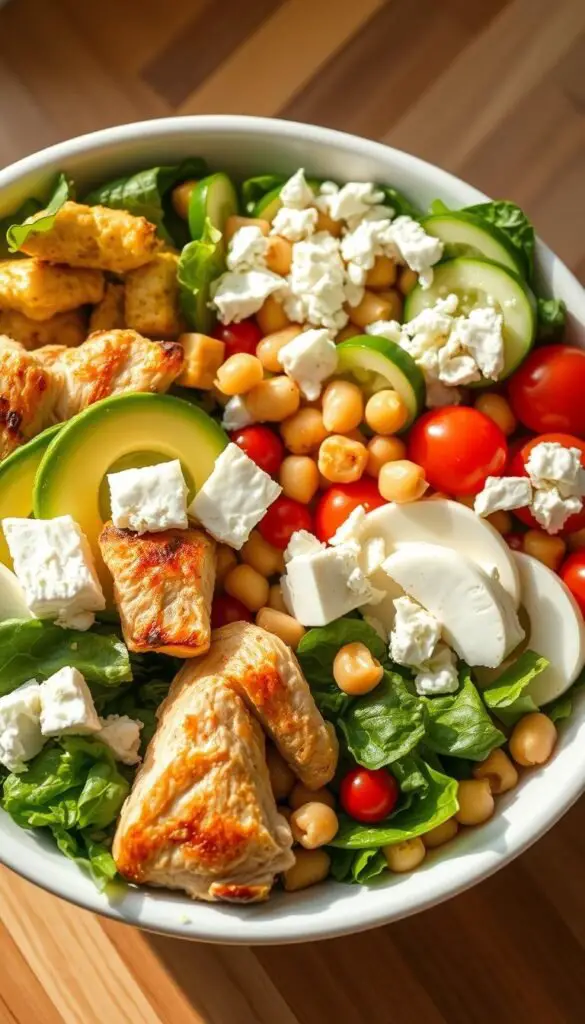 A bountiful arrangement of fresh, protein-rich salad ingredients in a crisp, white ceramic bowl. In the foreground, artfully arranged segments of grilled chicken, hard-boiled eggs, crumbled feta, and sliced avocado. The middle ground features a vibrant mix of leafy greens, cherry tomatoes, crisp cucumbers, and crunchy garbanzo beans. Soft, natural lighting casts a warm, inviting glow over the scene, captured at a slight overhead angle to showcase the delectable textures and colors. The overall mood is one of healthful indulgence, perfectly complementing the "Protein-Packed Additions to Elevate Salads" section. A bountiful arrangement of fresh, protein-rich salad ingredients in a crisp, white ceramic bowl. In the foreground, artfully arranged segments of grilled chicken, hard-boiled eggs, crumbled feta, and sliced avocado. The middle ground features a vibrant mix of leafy greens, cherry tomatoes, crisp cucumbers, and crunchy garbanzo beans. Soft, natural lighting casts a warm, inviting glow over the scene, captured at a slight overhead angle to showcase the delectable textures and colors. The overall mood is one of healthful indulgence, perfectly complementing the "Protein-Packed Additions to Elevate Salads" section.