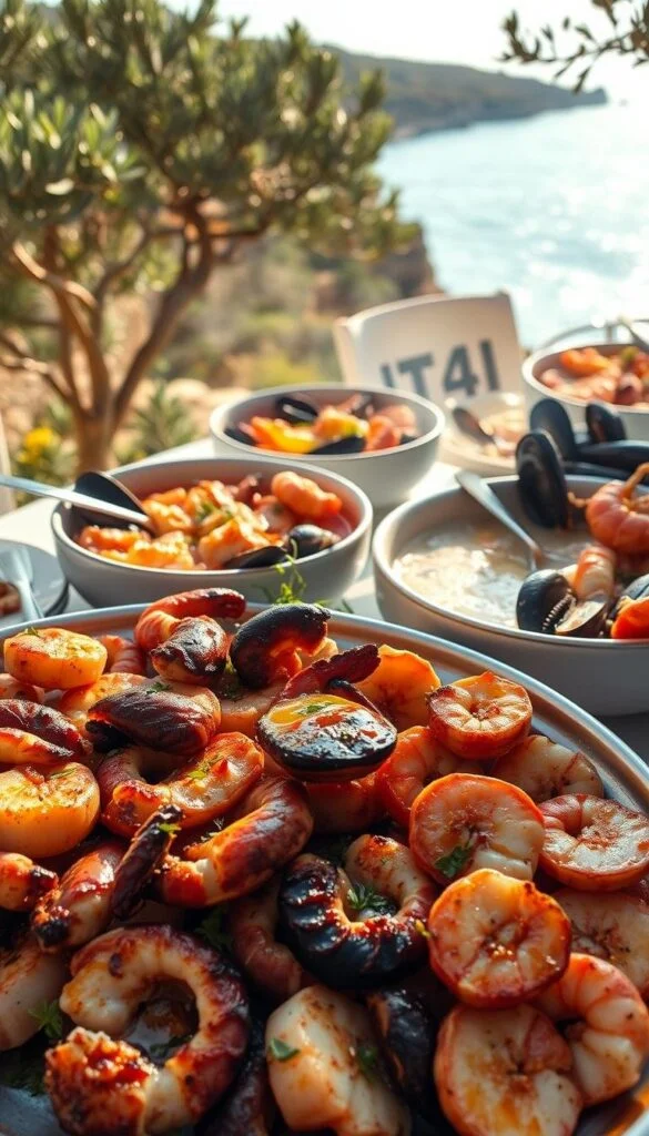 A bountiful display of Mediterranean seafood dishes, captured in a warm, sun-drenched setting. In the foreground, a platter showcases a vibrant array of grilled octopus, seared scallops, and sizzling prawns, expertly seasoned with fragrant herbs and a drizzle of golden olive oil. In the middle ground, a table is adorned with overflowing bowls of steaming bouillabaisse, its rich, aromatic broth punctuated by tender fish and mussels. The background features a lush, coastal landscape, with verdant olive trees and a glimpse of the sparkling azure sea. Soft, diffused natural lighting casts a golden glow, evoking the essence of a Mediterranean culinary delight. A bountiful display of Mediterranean seafood dishes, captured in a warm, sun-drenched setting. In the foreground, a platter showcases a vibrant array of grilled octopus, seared scallops, and sizzling prawns, expertly seasoned with fragrant herbs and a drizzle of golden olive oil. In the middle ground, a table is adorned with overflowing bowls of steaming bouillabaisse, its rich, aromatic broth punctuated by tender fish and mussels. The background features a lush, coastal landscape, with verdant olive trees and a glimpse of the sparkling azure sea. Soft, diffused natural lighting casts a golden glow, evoking the essence of a Mediterranean culinary delight.