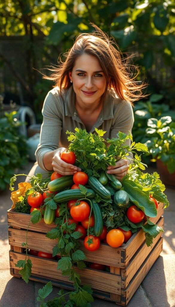 A bountiful harvest spills forth from a wooden crate filled with vibrant, freshly picked vegetables. Kneeling on a sun-dappled patio, a gardener's hands gently gather the ripened bounty, including plump tomatoes, crisp cucumbers, and leafy greens. A gentle breeze ruffles the foliage, casting soft shadows that dance across the scene. Warm, golden light filters through the trees, illuminating the earthy tones and textures of the harvest. The calm, focused expression on the gardener's face conveys a sense of satisfaction and connection with the land. The image exudes a rustic, serene atmosphere, celebrating the joys of container gardening and the rewards of a successful harvest. A bountiful harvest spills forth from a wooden crate filled with vibrant, freshly picked vegetables. Kneeling on a sun-dappled patio, a gardener's hands gently gather the ripened bounty, including plump tomatoes, crisp cucumbers, and leafy greens. A gentle breeze ruffles the foliage, casting soft shadows that dance across the scene. Warm, golden light filters through the trees, illuminating the earthy tones and textures of the harvest. The calm, focused expression on the gardener's face conveys a sense of satisfaction and connection with the land. The image exudes a rustic, serene atmosphere, celebrating the joys of container gardening and the rewards of a successful harvest.