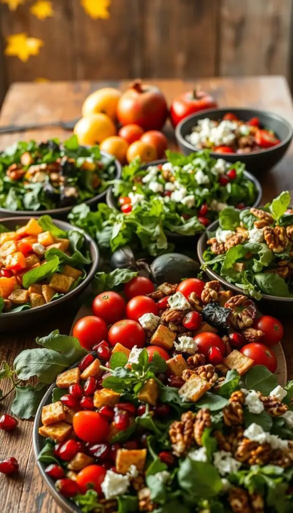 A bountiful harvest table laden with seasonal salads, the aroma of crisp autumn air and the warm glow of natural lighting. In the foreground, a vibrant display of freshly picked greens, roasted root vegetables, and juicy pomegranate seeds. The middle ground showcases a variety of heirloom tomatoes, toasted nuts, and crumbled feta, while the background features a rustic wooden surface and a hint of falling leaves. The scene radiates a cozy, inviting atmosphere, capturing the essence of transitioning into the cooler months and the celebration of nature's bounty. A bountiful harvest table laden with seasonal salads, the aroma of crisp autumn air and the warm glow of natural lighting. In the foreground, a vibrant display of freshly picked greens, roasted root vegetables, and juicy pomegranate seeds. The middle ground showcases a variety of heirloom tomatoes, toasted nuts, and crumbled feta, while the background features a rustic wooden surface and a hint of falling leaves. The scene radiates a cozy, inviting atmosphere, capturing the essence of transitioning into the cooler months and the celebration of nature's bounty.