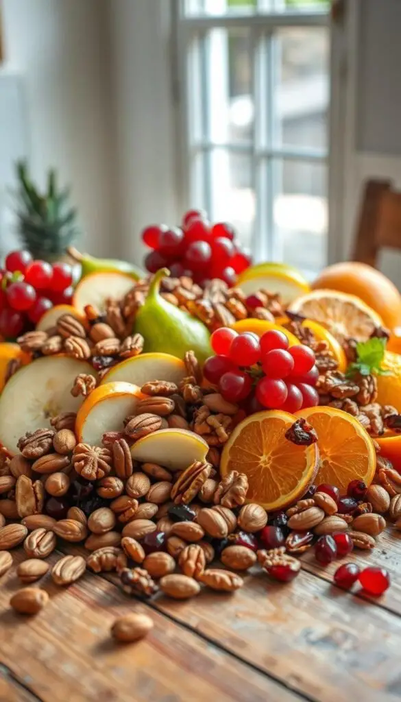 A bountiful still life of fresh fruit and roasted nuts, artfully arranged on a rustic wooden table. In the foreground, juicy slices of apple, pear, and orange mingle with clusters of vibrant red grapes. Nestled among the fruit are handfuls of toasted almonds, pecans, and walnuts, their warm hues complementing the cooler tones of the produce. The middle ground features a scattering of pomegranate seeds and dried cranberries, adding pops of color and texture. Soft, natural lighting filters through a nearby window, casting a warm glow across the scene. The overall composition evokes a sense of abundance and sensory delight, perfectly capturing the essence of a tempting dessert salad. A bountiful still life of fresh fruit and roasted nuts, artfully arranged on a rustic wooden table. In the foreground, juicy slices of apple, pear, and orange mingle with clusters of vibrant red grapes. Nestled among the fruit are handfuls of toasted almonds, pecans, and walnuts, their warm hues complementing the cooler tones of the produce. The middle ground features a scattering of pomegranate seeds and dried cranberries, adding pops of color and texture. Soft, natural lighting filters through a nearby window, casting a warm glow across the scene. The overall composition evokes a sense of abundance and sensory delight, perfectly capturing the essence of a tempting dessert salad.