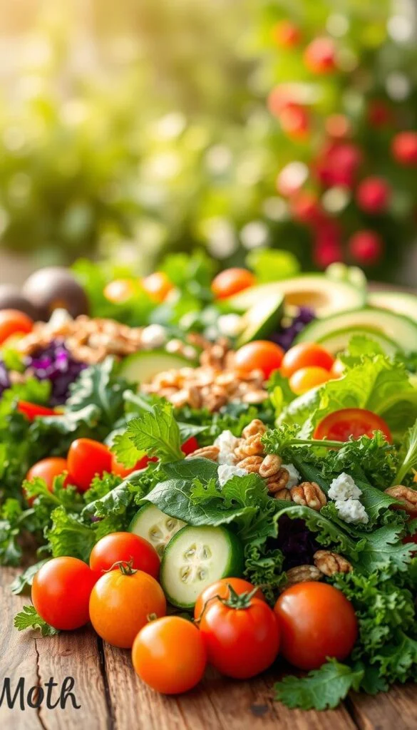 A bountiful summer scene, bursting with vibrant, fresh salad greens. In the foreground, an array of colorful vegetables - juicy tomatoes, crisp cucumbers, and leafy kale - artfully arranged on a wooden table. The middle ground features a selection of healthy toppings, such as avocado slices, toasted nuts, and crumbled feta cheese, creating a visually appealing and textural contrast. The background is softly blurred, evoking a sense of tranquility and inviting the viewer to savor the nourishing goodness. Warm, natural lighting bathes the scene, capturing the essence of a summer afternoon. The overall composition exudes a sense of balance, health, and the vibrant flavors of the season. A bountiful summer scene, bursting with vibrant, fresh salad greens. In the foreground, an array of colorful vegetables - juicy tomatoes, crisp cucumbers, and leafy kale - artfully arranged on a wooden table. The middle ground features a selection of healthy toppings, such as avocado slices, toasted nuts, and crumbled feta cheese, creating a visually appealing and textural contrast. The background is softly blurred, evoking a sense of tranquility and inviting the viewer to savor the nourishing goodness. Warm, natural lighting bathes the scene, capturing the essence of a summer afternoon. The overall composition exudes a sense of balance, health, and the vibrant flavors of the season.
