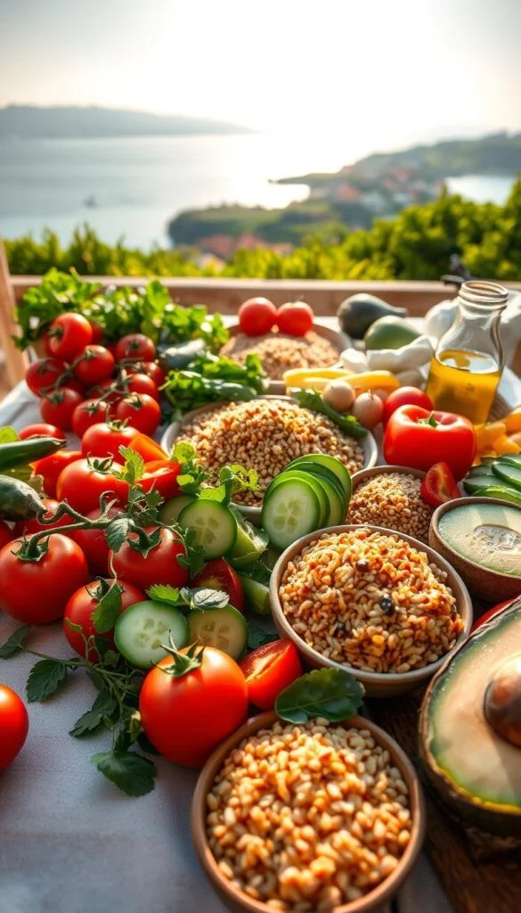 A bountiful table showcasing the core principles of the Mediterranean diet. In the foreground, an array of fresh, vibrant whole foods - sun-ripened tomatoes, crisp cucumbers, fragrant herbs, and a drizzle of rich olive oil. In the middle ground, whole grains such as quinoa and farro, nestled among sliced avocado and roasted bell peppers. In the background, a serene seaside vista, with distant rolling hills and a warm, golden light filtering through. The scene exudes a sense of balance, simplicity, and the celebration of nature's bounty. Captured with a wide-angle lens, the image conveys the essence of the Mediterranean lifestyle - nourishing the body and nourishing the soul. A bountiful table showcasing the core principles of the Mediterranean diet. In the foreground, an array of fresh, vibrant whole foods - sun-ripened tomatoes, crisp cucumbers, fragrant herbs, and a drizzle of rich olive oil. In the middle ground, whole grains such as quinoa and farro, nestled among sliced avocado and roasted bell peppers. In the background, a serene seaside vista, with distant rolling hills and a warm, golden light filtering through. The scene exudes a sense of balance, simplicity, and the celebration of nature's bounty. Captured with a wide-angle lens, the image conveys the essence of the Mediterranean lifestyle - nourishing the body and nourishing the soul.