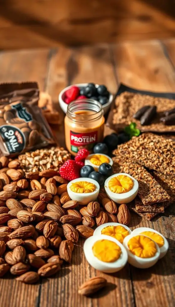 A bright, appetizing still life featuring an assortment of protein-rich snacks on a rustic wooden surface. In the foreground, an array of colorful ingredients - roasted almonds, crunchy granola bars, jerky sticks, and hard-boiled eggs - arranged with care. The middle ground showcases a small jar of nut butter and a handful of fresh berries, complementing the textures and flavors. Warm, natural lighting from the side accentuates the earthy tones and casts gentle shadows, creating a cozy, inviting atmosphere. The composition is balanced and visually appealing, showcasing a tempting selection of nutritious and convenient on-the-go snack options. A bright, appetizing still life featuring an assortment of protein-rich snacks on a rustic wooden surface. In the foreground, an array of colorful ingredients - roasted almonds, crunchy granola bars, jerky sticks, and hard-boiled eggs - arranged with care. The middle ground showcases a small jar of nut butter and a handful of fresh berries, complementing the textures and flavors. Warm, natural lighting from the side accentuates the earthy tones and casts gentle shadows, creating a cozy, inviting atmosphere. The composition is balanced and visually appealing, showcasing a tempting selection of nutritious and convenient on-the-go snack options.