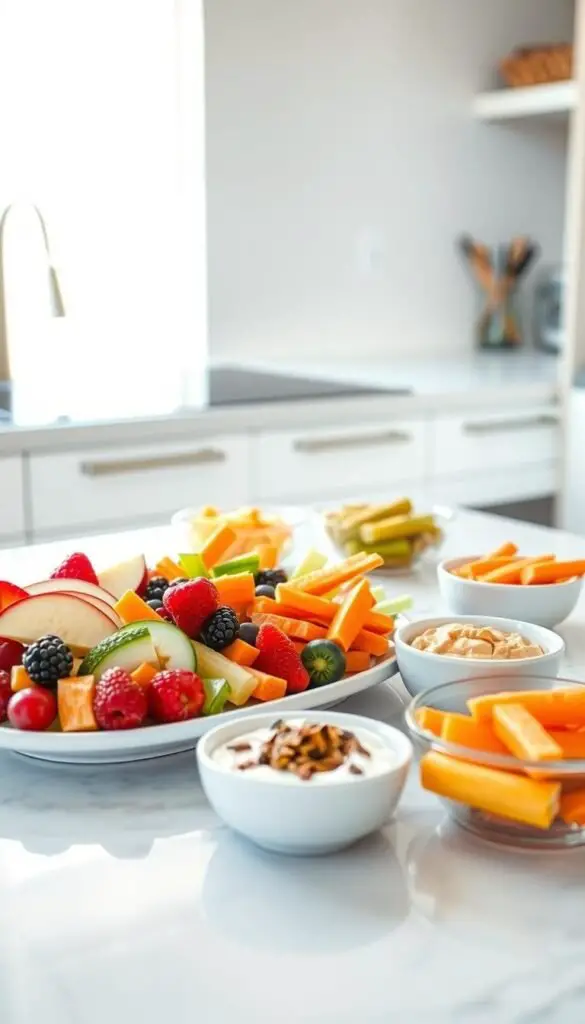 A brightly lit kitchen counter showcases an arrangement of easy-to-prepare healthy snacks. In the foreground, a platter displays a colorful selection of fresh fruits, such as sliced apples, berries, and orange wedges, alongside crunchy vegetable sticks like carrot and celery. In the middle ground, small bowls hold creamy hummus, tangy Greek yogurt, and a sprinkle of toasted nuts and seeds. The background features a sleek, minimalist aesthetic with a clean, white backdrop, allowing the vibrant, nutritious snacks to take center stage. The scene is illuminated by natural light, casting a warm, inviting glow and emphasizing the vibrant colors and textures of the easy, homemade healthy snacks. A brightly lit kitchen counter showcases an arrangement of easy-to-prepare healthy snacks. In the foreground, a platter displays a colorful selection of fresh fruits, such as sliced apples, berries, and orange wedges, alongside crunchy vegetable sticks like carrot and celery. In the middle ground, small bowls hold creamy hummus, tangy Greek yogurt, and a sprinkle of toasted nuts and seeds. The background features a sleek, minimalist aesthetic with a clean, white backdrop, allowing the vibrant, nutritious snacks to take center stage. The scene is illuminated by natural light, casting a warm, inviting glow and emphasizing the vibrant colors and textures of the easy, homemade healthy snacks.