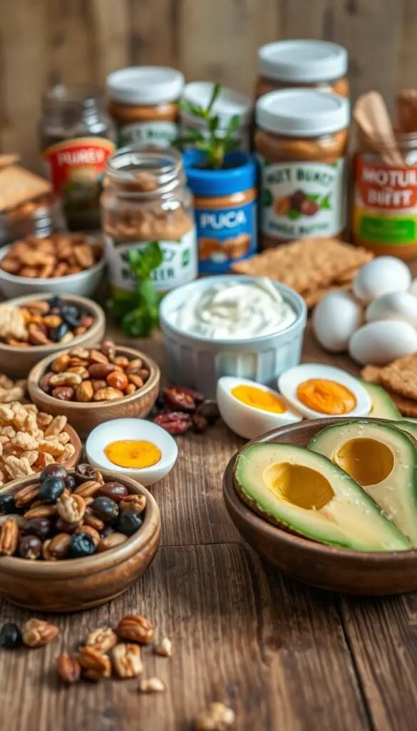 A carefully arranged still life showcasing an assortment of protein-rich snacks on a wooden table. In the foreground, an array of nuts, seeds, and dried fruit in rustic bowls. In the middle ground, hard-boiled eggs, Greek yogurt, and sliced avocado garnished with a sprinkle of sea salt. The background features a selection of nut butter jars, whole-grain crackers, and a small potted plant for a touch of greenery. The lighting is soft and natural, casting gentle shadows and highlighting the textures of the various ingredients. The overall composition conveys a sense of balance, wholesomeness, and culinary inspiration, suitable for a feature on healthy and satisfying snack ideas. A carefully arranged still life showcasing an assortment of protein-rich snacks on a wooden table. In the foreground, an array of nuts, seeds, and dried fruit in rustic bowls. In the middle ground, hard-boiled eggs, Greek yogurt, and sliced avocado garnished with a sprinkle of sea salt. The background features a selection of nut butter jars, whole-grain crackers, and a small potted plant for a touch of greenery. The lighting is soft and natural, casting gentle shadows and highlighting the textures of the various ingredients. The overall composition conveys a sense of balance, wholesomeness, and culinary inspiration, suitable for a feature on healthy and satisfying snack ideas.