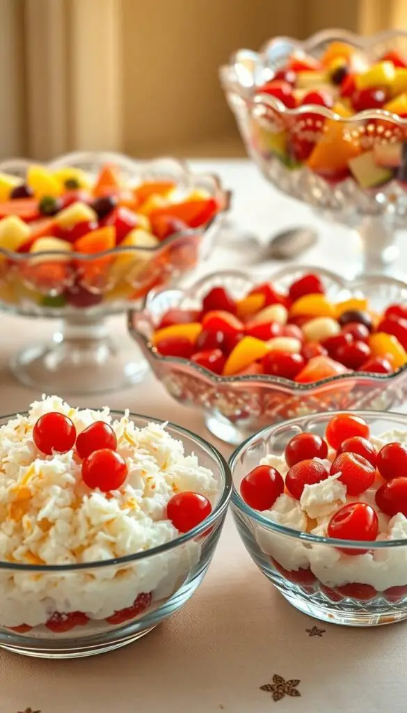 A carefully composed table setting, featuring an array of classic dessert salads. In the foreground, a bowl filled with creamy ambrosia salad, garnished with vibrant maraschino cherries and shredded coconut. Beside it, a chilled Jell-O mold, its translucent layers infused with fresh fruit. In the middle ground, a vintage-inspired glass dish showcases a refreshing fruit cocktail salad, its vibrant colors a feast for the eyes. In the background, an elegant crystal bowl holds a luscious fruit salad, drizzled with a light, tangy dressing. Warm, golden lighting casts a soft, inviting glow over the scene, evoking the comforting nostalgia of classic American desserts. A carefully composed table setting, featuring an array of classic dessert salads. In the foreground, a bowl filled with creamy ambrosia salad, garnished with vibrant maraschino cherries and shredded coconut. Beside it, a chilled Jell-O mold, its translucent layers infused with fresh fruit. In the middle ground, a vintage-inspired glass dish showcases a refreshing fruit cocktail salad, its vibrant colors a feast for the eyes. In the background, an elegant crystal bowl holds a luscious fruit salad, drizzled with a light, tangy dressing. Warm, golden lighting casts a soft, inviting glow over the scene, evoking the comforting nostalgia of classic American desserts.