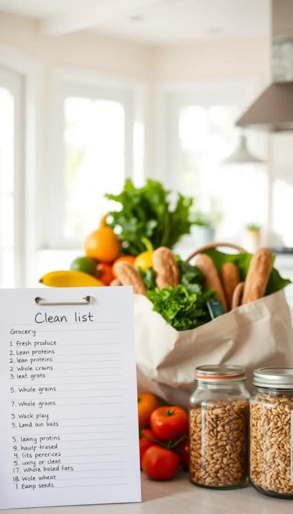 A clean and organized grocery list for healthy, whole-food ingredients against a bright, airy backdrop. In the foreground, a crisp white shopping list with handwritten items like fresh produce, lean proteins, whole grains, and plant-based fats. In the middle ground, neatly arranged grocery items spilling out of reusable tote bags - vibrant fruits, leafy greens, whole wheat bread, and glass jars of nuts and seeds. The background features a light-filled kitchen, with natural light streaming in through large windows, creating a warm, inviting atmosphere that evokes a sense of wellness and mindful living. Captured with a soft, natural lens, the overall image radiates a clean, minimalist aesthetic that aligns with the principles of a clean eating lifestyle. A clean and organized grocery list for healthy, whole-food ingredients against a bright, airy backdrop. In the foreground, a crisp white shopping list with handwritten items like fresh produce, lean proteins, whole grains, and plant-based fats. In the middle ground, neatly arranged grocery items spilling out of reusable tote bags - vibrant fruits, leafy greens, whole wheat bread, and glass jars of nuts and seeds. The background features a light-filled kitchen, with natural light streaming in through large windows, creating a warm, inviting atmosphere that evokes a sense of wellness and mindful living. Captured with a soft, natural lens, the overall image radiates a clean, minimalist aesthetic that aligns with the principles of a clean eating lifestyle.