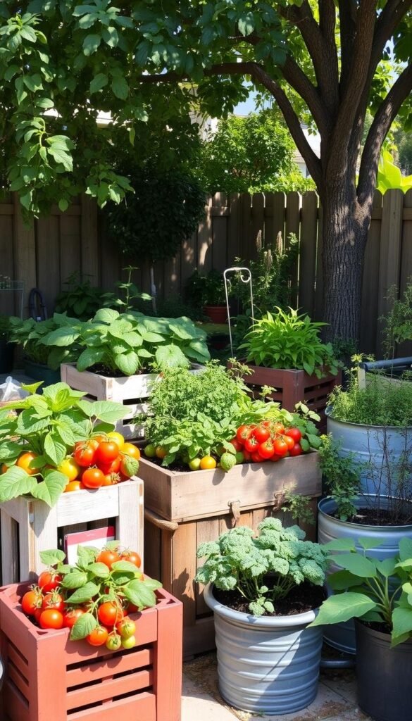 A cozy backyard oasis filled with an assortment of vibrant container vegetable gardens. Thriving tomato plants, lush leafy greens, and fragrant herbs spill over the edges of a variety of stylish, weathered planters arranged in a visually appealing layout. Dappled sunlight filters through the canopy of a nearby tree, casting a warm, natural glow over the scene. The containers are made of a diverse range of materials, from rustic wooden crates to modern galvanized steel. A sense of harmony and abundance pervades the tranquil setting, showcasing the possibilities of growing a bountiful harvest in even the smallest of spaces. A cozy backyard oasis filled with an assortment of vibrant container vegetable gardens. Thriving tomato plants, lush leafy greens, and fragrant herbs spill over the edges of a variety of stylish, weathered planters arranged in a visually appealing layout. Dappled sunlight filters through the canopy of a nearby tree, casting a warm, natural glow over the scene. The containers are made of a diverse range of materials, from rustic wooden crates to modern galvanized steel. A sense of harmony and abundance pervades the tranquil setting, showcasing the possibilities of growing a bountiful harvest in even the smallest of spaces.