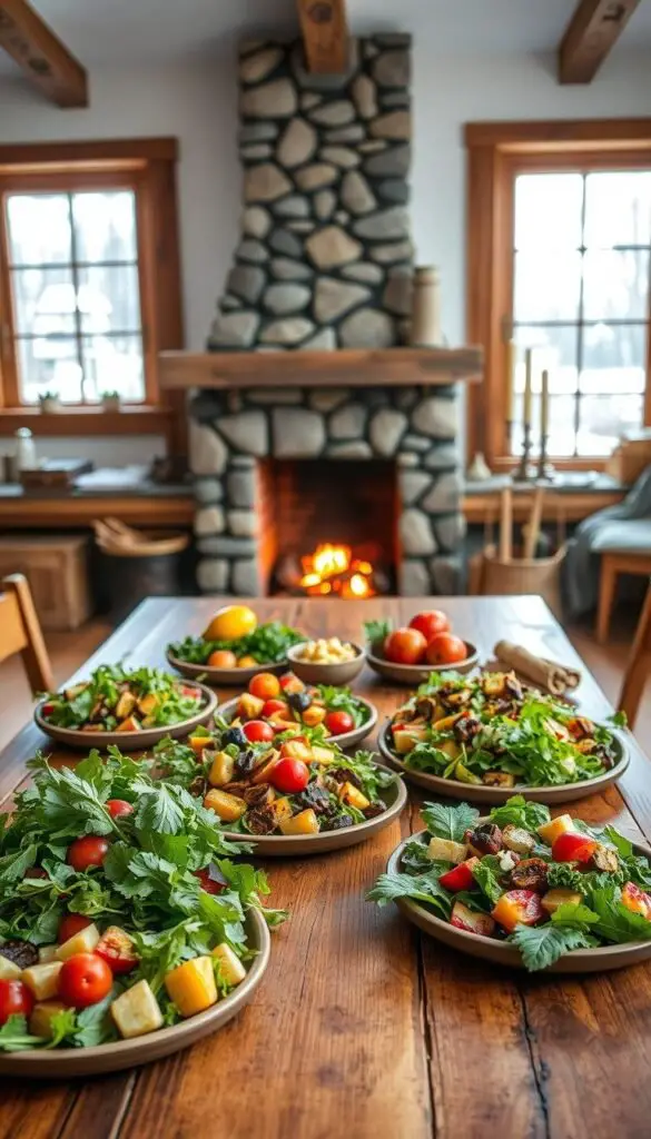 A cozy kitchen scene showcasing an assortment of creative winter salad recipes. In the foreground, a wooden table is laid with vibrant greens, roasted vegetables, and a selection of seasonal fruits. The middle ground features a rustic stone fireplace with a gentle flame, casting a warm glow across the scene. In the background, large windows reveal a snowy winter landscape, emphasizing the season. The lighting is soft and natural, accentuating the textures and colors of the ingredients. The overall mood is one of comfort, nourishment, and the joy of gathering around the table for a healthy, seasonal meal. A cozy kitchen scene showcasing an assortment of creative winter salad recipes. In the foreground, a wooden table is laid with vibrant greens, roasted vegetables, and a selection of seasonal fruits. The middle ground features a rustic stone fireplace with a gentle flame, casting a warm glow across the scene. In the background, large windows reveal a snowy winter landscape, emphasizing the season. The lighting is soft and natural, accentuating the textures and colors of the ingredients. The overall mood is one of comfort, nourishment, and the joy of gathering around the table for a healthy, seasonal meal.