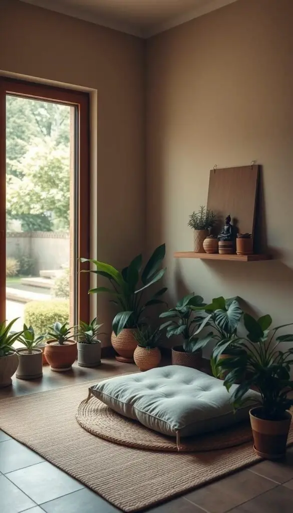 A cozy nook bathed in soft, diffused light, with a plush meditation cushion placed on a natural fiber rug. Surrounding the space, a collection of lush potted plants and a simple wooden shelf displaying soothing incense and a small Buddha statue. Warm, muted tones create a calming atmosphere, while the large window offers a serene view of a tranquil garden, complete with swaying trees and a hint of a bubbling water feature. A sense of peaceful solitude pervades the scene, inviting the practitioner to sink into a state of mindful contemplation. A cozy nook bathed in soft, diffused light, with a plush meditation cushion placed on a natural fiber rug. Surrounding the space, a collection of lush potted plants and a simple wooden shelf displaying soothing incense and a small Buddha statue. Warm, muted tones create a calming atmosphere, while the large window offers a serene view of a tranquil garden, complete with swaying trees and a hint of a bubbling water feature. A sense of peaceful solitude pervades the scene, inviting the practitioner to sink into a state of mindful contemplation.