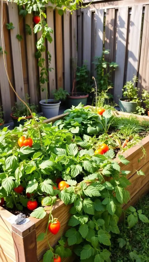 A cozy, sun-dappled vegetable garden nestled in an urban backyard. A wooden raised bed filled with thriving leafy greens, vibrant tomatoes, and crisp carrots. In the foreground, lush foliage and trailing vines spill over the edges, creating a sense of abundance. The middle ground showcases neatly arranged rows of various vegetables, their colors and textures complementing each other. In the background, a rustic wooden fence and a few potted herbs provide a natural, organic framing. Warm, soft lighting bathes the scene, casting gentle shadows and highlighting the garden's vitality. The overall atmosphere is one of simplicity, tranquility, and the joy of homegrown produce. A cozy, sun-dappled vegetable garden nestled in an urban backyard. A wooden raised bed filled with thriving leafy greens, vibrant tomatoes, and crisp carrots. In the foreground, lush foliage and trailing vines spill over the edges, creating a sense of abundance. The middle ground showcases neatly arranged rows of various vegetables, their colors and textures complementing each other. In the background, a rustic wooden fence and a few potted herbs provide a natural, organic framing. Warm, soft lighting bathes the scene, casting gentle shadows and highlighting the garden's vitality. The overall atmosphere is one of simplicity, tranquility, and the joy of homegrown produce.