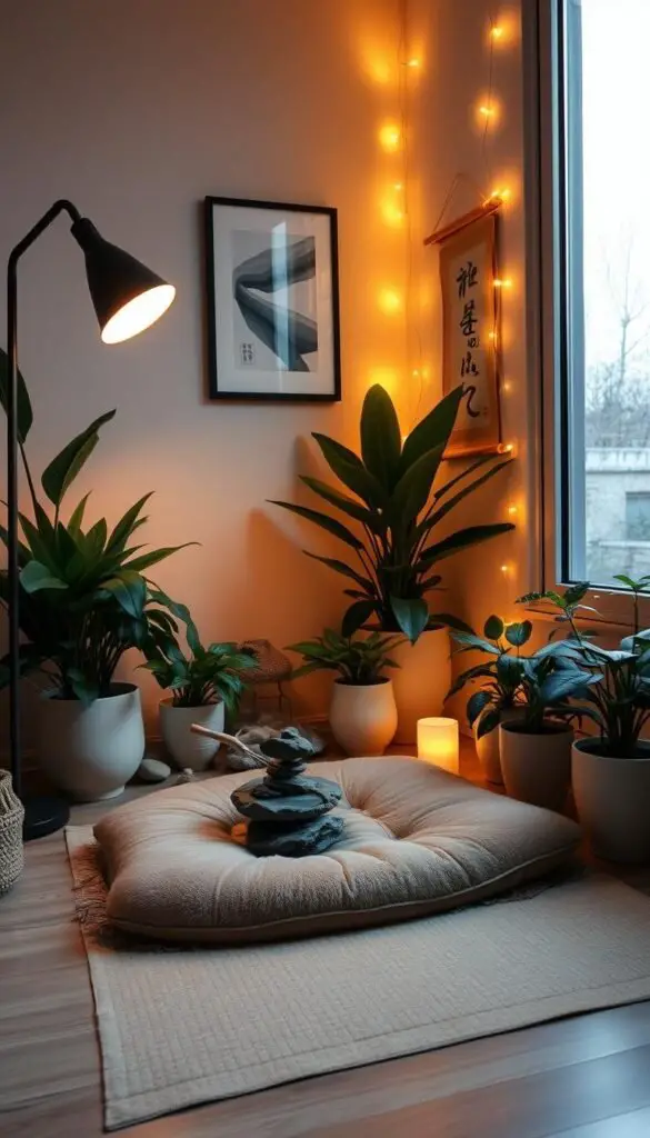 A cozy, well-lit meditation corner with a plush floor cushion, surrounded by lush potted plants and natural elements such as river stones, driftwood, and a small tabletop water fountain. Warm, indirect lighting from a floor lamp and strings of LED fairy lights create a soothing, tranquil ambiance. A framed piece of abstract art or a simple calligraphy scroll hangs on the wall, complementing the serene, minimalist aesthetics. The space is positioned near a large window, allowing natural daylight to filter in and invite a sense of openness and contemplation. A cozy, well-lit meditation corner with a plush floor cushion, surrounded by lush potted plants and natural elements such as river stones, driftwood, and a small tabletop water fountain. Warm, indirect lighting from a floor lamp and strings of LED fairy lights create a soothing, tranquil ambiance. A framed piece of abstract art or a simple calligraphy scroll hangs on the wall, complementing the serene, minimalist aesthetics. The space is positioned near a large window, allowing natural daylight to filter in and invite a sense of openness and contemplation.