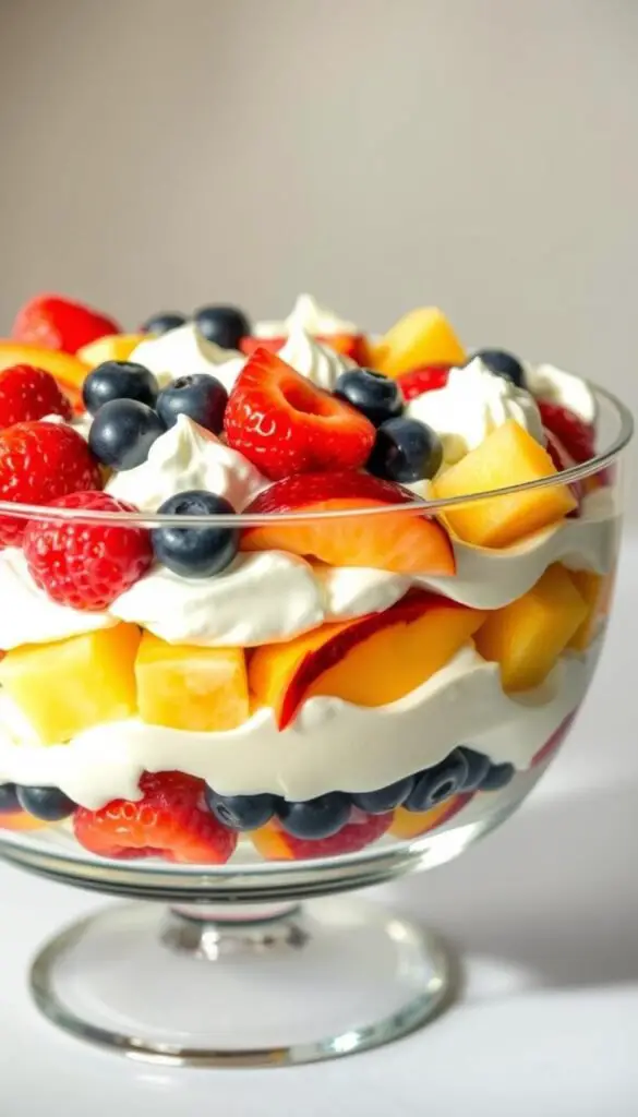 A delicate layered dessert salad glistens in a glass trifle bowl, with vibrant fruit and fluffy whipped cream. Juicy berries, sliced peaches, and cubes of pineapple are artfully arranged in alternating patterns, creating a visually appealing and texturally diverse display. The creamy white whipped topping acts as a soft, billowy backdrop, accentuating the natural colors and shapes of the fresh fruit. Soft, natural lighting casts a warm, inviting glow, highlighting the dessert's fresh and luscious appearance. The glass vessel allows the layered components to be fully visible, inviting the viewer to indulge in this tempting, easy-to-prepare treat. A delicate layered dessert salad glistens in a glass trifle bowl, with vibrant fruit and fluffy whipped cream. Juicy berries, sliced peaches, and cubes of pineapple are artfully arranged in alternating patterns, creating a visually appealing and texturally diverse display. The creamy white whipped topping acts as a soft, billowy backdrop, accentuating the natural colors and shapes of the fresh fruit. Soft, natural lighting casts a warm, inviting glow, highlighting the dessert's fresh and luscious appearance. The glass vessel allows the layered components to be fully visible, inviting the viewer to indulge in this tempting, easy-to-prepare treat.