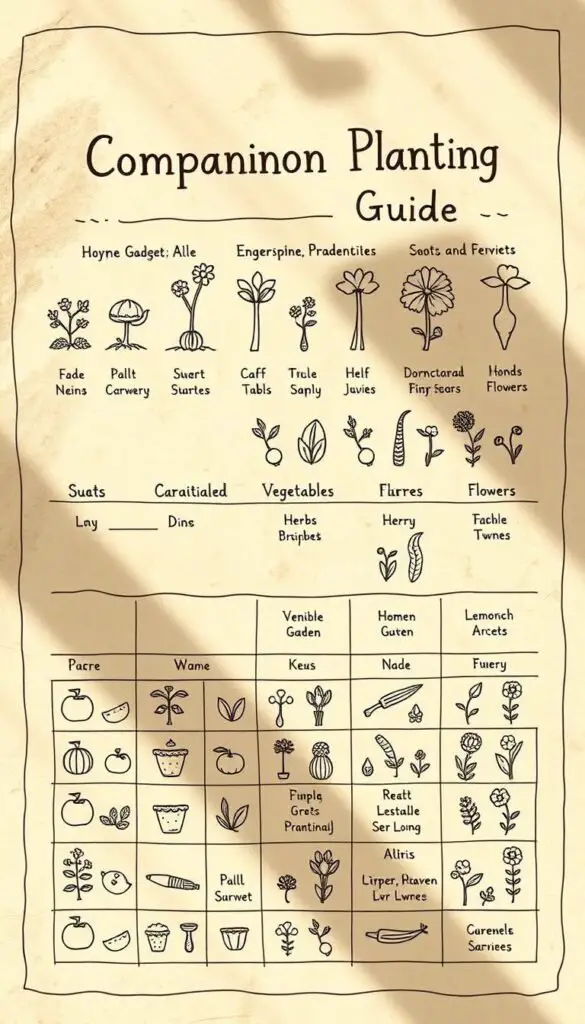 A detailed, hand-drawn companion planting guide on a weathered, parchment-like background. The foreground features various plant icons arranged in a grid layout, each representing a specific companion pairing. The middle ground showcases illustrations of common garden vegetables, herbs, and flowers, highlighting their optimal companions. The background has a soft, vintage-inspired texture, suggesting the timeless wisdom of this gardening technique. The lighting is warm and natural, casting gentle shadows to add depth and dimension. The overall mood is one of simplicity, practicality, and the joy of cultivating a thriving, harmonious garden. A detailed, hand-drawn companion planting guide on a weathered, parchment-like background. The foreground features various plant icons arranged in a grid layout, each representing a specific companion pairing. The middle ground showcases illustrations of common garden vegetables, herbs, and flowers, highlighting their optimal companions. The background has a soft, vintage-inspired texture, suggesting the timeless wisdom of this gardening technique. The lighting is warm and natural, casting gentle shadows to add depth and dimension. The overall mood is one of simplicity, practicality, and the joy of cultivating a thriving, harmonious garden.