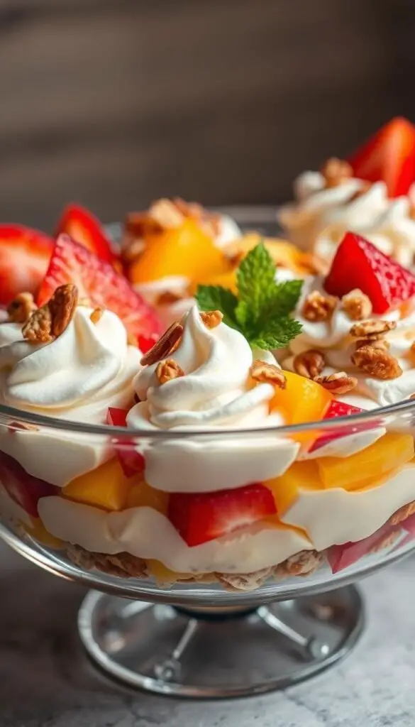 A glass dish filled with a variety of classic dessert salads, arranged in an elegant and visually appealing manner. The salads include layers of creamy custard, fluffy whipped cream, vibrant fruit slices, and crunchy toasted nuts. The lighting is soft and warm, highlighting the delicate textures and vibrant colors of the desserts. The dish is shot from a slightly low angle, emphasizing the rich, indulgent nature of the desserts. The overall atmosphere is one of refined sophistication, inviting the viewer to savor the sweet, refreshing flavors of these delectable dessert salads. A glass dish filled with a variety of classic dessert salads, arranged in an elegant and visually appealing manner. The salads include layers of creamy custard, fluffy whipped cream, vibrant fruit slices, and crunchy toasted nuts. The lighting is soft and warm, highlighting the delicate textures and vibrant colors of the desserts. The dish is shot from a slightly low angle, emphasizing the rich, indulgent nature of the desserts. The overall atmosphere is one of refined sophistication, inviting the viewer to savor the sweet, refreshing flavors of these delectable dessert salads.
