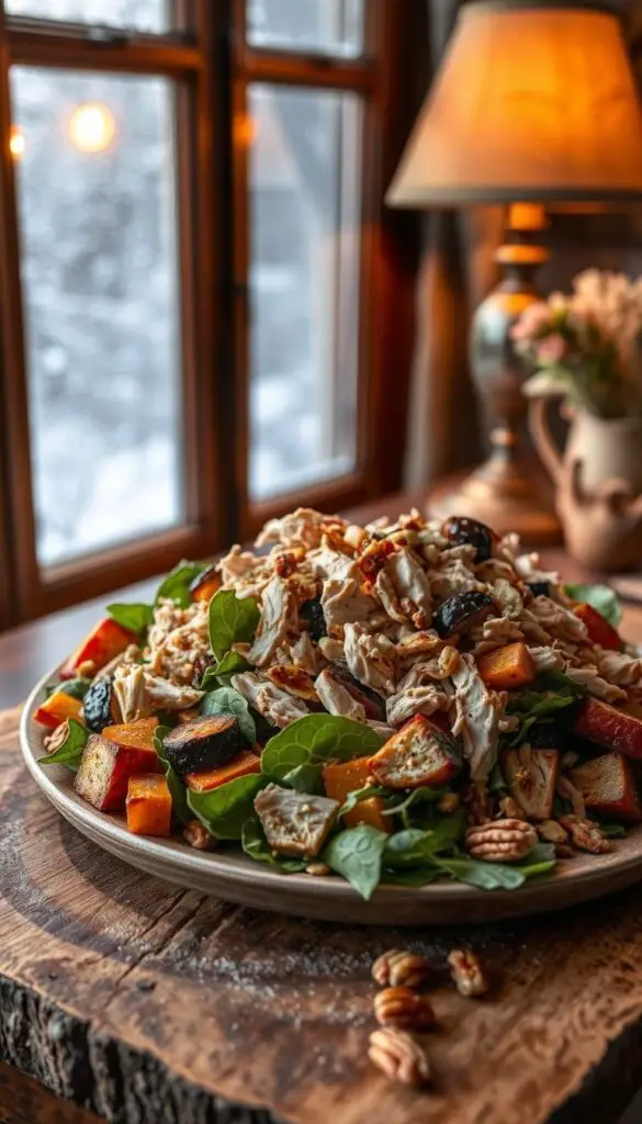 A hearty winter salad with roasted root vegetables, shredded rotisserie chicken, and a scattering of toasted nuts. The salad is arranged on a rustic wooden board, with a warm glow from the table lamp overhead. The scene is framed by a cozy, frost-dusted window, hinting at the chilly outdoor scene beyond. The lighting is soft and inviting, casting gentle shadows across the plate. The textures of the crisp greens, tender chicken, and caramelized veggies create a visually appealing and appetite-whetting composition. An elegant, yet comforting, midwinter meal. A hearty winter salad with roasted root vegetables, shredded rotisserie chicken, and a scattering of toasted nuts. The salad is arranged on a rustic wooden board, with a warm glow from the table lamp overhead. The scene is framed by a cozy, frost-dusted window, hinting at the chilly outdoor scene beyond. The lighting is soft and inviting, casting gentle shadows across the plate. The textures of the crisp greens, tender chicken, and caramelized veggies create a visually appealing and appetite-whetting composition. An elegant, yet comforting, midwinter meal.