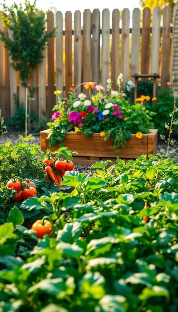 A lush and vibrant vegetable garden in the foreground, with neatly arranged rows of thriving plants - tomatoes, leafy greens, carrots, and herbs. In the middle ground, a wooden garden planter box overflows with a variety of colorful blooms. The background features a sun-dappled wooden fence, with a glimpse of a cozy garden shed. The scene is bathed in warm, golden afternoon light, captured with a wide-angle lens to emphasize the depth and breadth of the productive, well-tended garden. This idyllic setting conveys a sense of harmony, abundance, and the joys of homegrown, sustainable food production. A lush and vibrant vegetable garden in the foreground, with neatly arranged rows of thriving plants - tomatoes, leafy greens, carrots, and herbs. In the middle ground, a wooden garden planter box overflows with a variety of colorful blooms. The background features a sun-dappled wooden fence, with a glimpse of a cozy garden shed. The scene is bathed in warm, golden afternoon light, captured with a wide-angle lens to emphasize the depth and breadth of the productive, well-tended garden. This idyllic setting conveys a sense of harmony, abundance, and the joys of homegrown, sustainable food production.