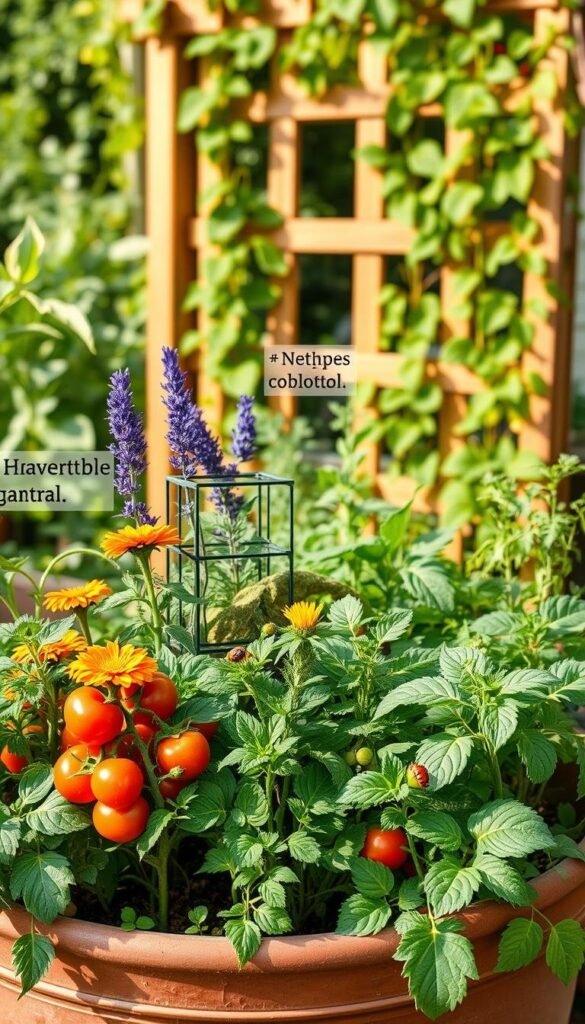 A lush, container vegetable garden under soft, natural lighting. In the foreground, a variety of thriving plants - tomatoes, peppers, and herbs - protected by strategically placed insect-repelling companion plants like marigolds and lavender. The middle ground showcases an array of natural pest control methods, including a homemade neem oil spray, a pheromone trap, and a cluster of ladybugs. In the background, a wooden garden trellis supports climbing vines, creating a vibrant, verdant scene. The overall atmosphere conveys a sense of balance and harmony, where the gardener's careful attention to organic pest management ensures a bountiful harvest. A lush, container vegetable garden under soft, natural lighting. In the foreground, a variety of thriving plants - tomatoes, peppers, and herbs - protected by strategically placed insect-repelling companion plants like marigolds and lavender. The middle ground showcases an array of natural pest control methods, including a homemade neem oil spray, a pheromone trap, and a cluster of ladybugs. In the background, a wooden garden trellis supports climbing vines, creating a vibrant, verdant scene. The overall atmosphere conveys a sense of balance and harmony, where the gardener's careful attention to organic pest management ensures a bountiful harvest.