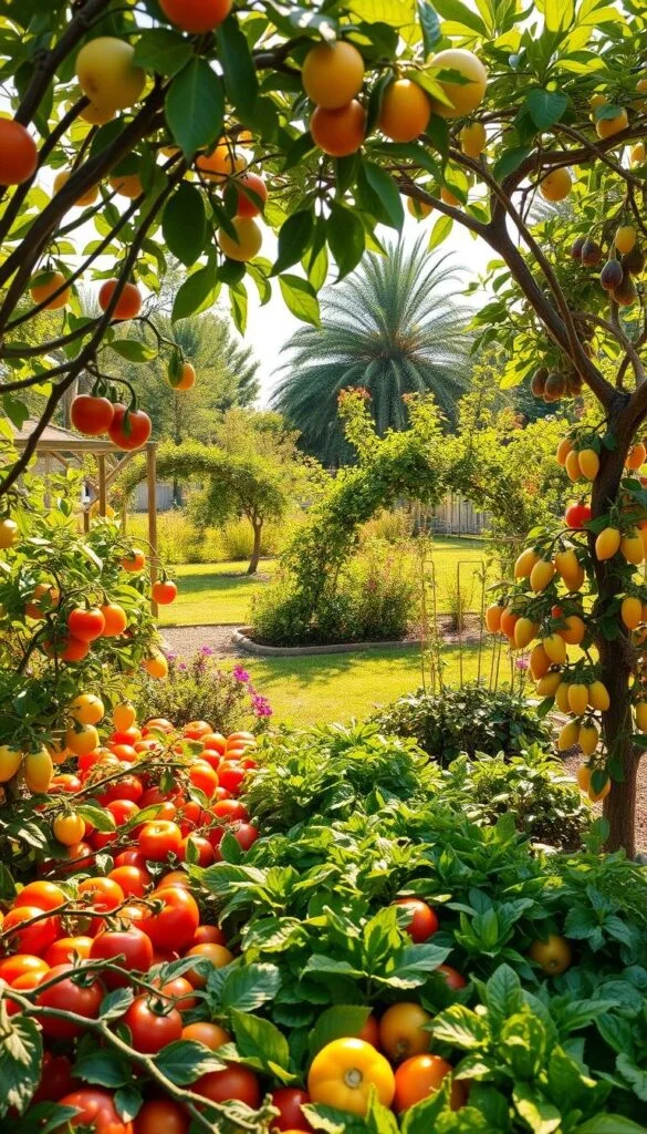 A lush, edible garden design with a variety of thriving fruit trees and colorful, abundant vegetable beds. In the foreground, a neatly cultivated plot showcases vibrant leafy greens, plump tomatoes, and bell peppers in a rainbow of hues. Flanking this are dwarf citrus trees laden with ripe, juicy fruits. In the middle ground, an espaliered apple tree frames the scene, its twisted branches reaching skyward. Beyond, a small orchard of mature pear and fig trees casts dappled shade, their leaves rustling gently in the breeze. Warm, golden sunlight filters through, illuminating the verdant landscape and creating a serene, inviting atmosphere. A lush, edible garden design with a variety of thriving fruit trees and colorful, abundant vegetable beds. In the foreground, a neatly cultivated plot showcases vibrant leafy greens, plump tomatoes, and bell peppers in a rainbow of hues. Flanking this are dwarf citrus trees laden with ripe, juicy fruits. In the middle ground, an espaliered apple tree frames the scene, its twisted branches reaching skyward. Beyond, a small orchard of mature pear and fig trees casts dappled shade, their leaves rustling gently in the breeze. Warm, golden sunlight filters through, illuminating the verdant landscape and creating a serene, inviting atmosphere.