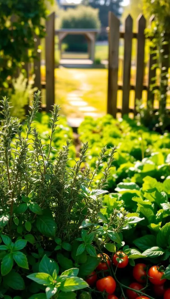 A lush herb and vegetable garden, bathed in warm afternoon sunlight. In the foreground, thriving basil, rosemary, and thyme plants intermingle, their aromatic foliage gently swaying. The middle ground showcases neatly arranged rows of vibrant lettuce, spinach, and cherry tomatoes, their vibrant colors complementing the herbs. In the background, a picturesque wooden fence frames the scene, with a glimpse of a tranquil garden path leading deeper into the verdant oasis. The overall composition conveys a sense of harmony, inviting the viewer to imagine the joys of cultivating a bountiful, self-sustaining herb and vegetable garden. A lush herb and vegetable garden, bathed in warm afternoon sunlight. In the foreground, thriving basil, rosemary, and thyme plants intermingle, their aromatic foliage gently swaying. The middle ground showcases neatly arranged rows of vibrant lettuce, spinach, and cherry tomatoes, their vibrant colors complementing the herbs. In the background, a picturesque wooden fence frames the scene, with a glimpse of a tranquil garden path leading deeper into the verdant oasis. The overall composition conveys a sense of harmony, inviting the viewer to imagine the joys of cultivating a bountiful, self-sustaining herb and vegetable garden.