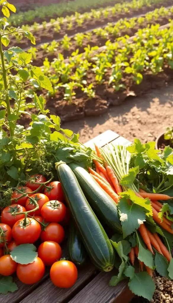 A lush, organic vegetable garden in full bloom, with freshly harvested produce arranged on a rustic wooden table. Tomatoes, zucchini, carrots, and leafy greens are showcased in an artful display, highlighting their vibrant colors and natural beauty. Sunlight filters through the leaves, casting a warm, golden glow over the scene. In the background, a well-tended garden bed with neatly arranged rows of thriving plants, suggesting a bountiful harvest to come. The overall atmosphere conveys a sense of abundance, wholesome living, and the pleasure of growing one's own food from seed to table. A lush, organic vegetable garden in full bloom, with freshly harvested produce arranged on a rustic wooden table. Tomatoes, zucchini, carrots, and leafy greens are showcased in an artful display, highlighting their vibrant colors and natural beauty. Sunlight filters through the leaves, casting a warm, golden glow over the scene. In the background, a well-tended garden bed with neatly arranged rows of thriving plants, suggesting a bountiful harvest to come. The overall atmosphere conveys a sense of abundance, wholesome living, and the pleasure of growing one's own food from seed to table.