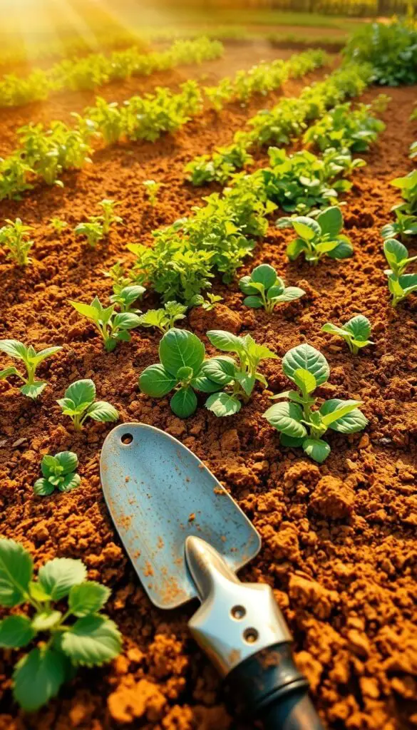 A lush, sun-dappled garden bed, freshly tilled soil with a gentle brown-orange hue. Rows of vibrant green herb seedlings - basil, thyme, oregano - gently swaying in a soft breeze. Scattered throughout, verdant leafy vegetable starts - kale, spinach, Swiss chard - waiting to be planted. In the foreground, a small gardening spade and a trowel, both weathered with use, resting on the crumbly earth. Warm, golden light filters through wispy clouds, casting a tranquil, nurturing atmosphere over the scene. Angle the camera slightly from above, capturing the layers of this idyllic soil preparation for an herb and vegetable garden. A lush, sun-dappled garden bed, freshly tilled soil with a gentle brown-orange hue. Rows of vibrant green herb seedlings - basil, thyme, oregano - gently swaying in a soft breeze. Scattered throughout, verdant leafy vegetable starts - kale, spinach, Swiss chard - waiting to be planted. In the foreground, a small gardening spade and a trowel, both weathered with use, resting on the crumbly earth. Warm, golden light filters through wispy clouds, casting a tranquil, nurturing atmosphere over the scene. Angle the camera slightly from above, capturing the layers of this idyllic soil preparation for an herb and vegetable garden.